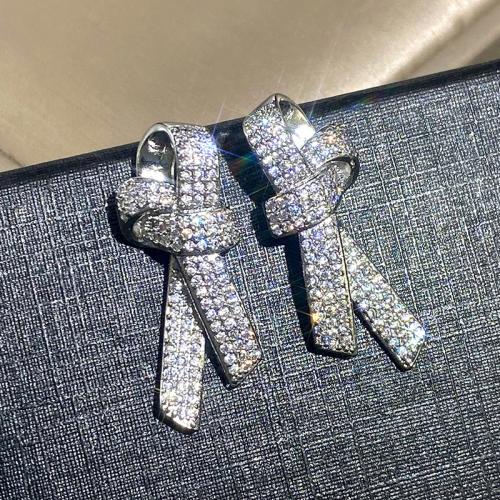 Mässing Stud Earring, Bowknot, platinerade, micro bana cubic zirconia & för kvinna, 11x29mm, Säljs av Par