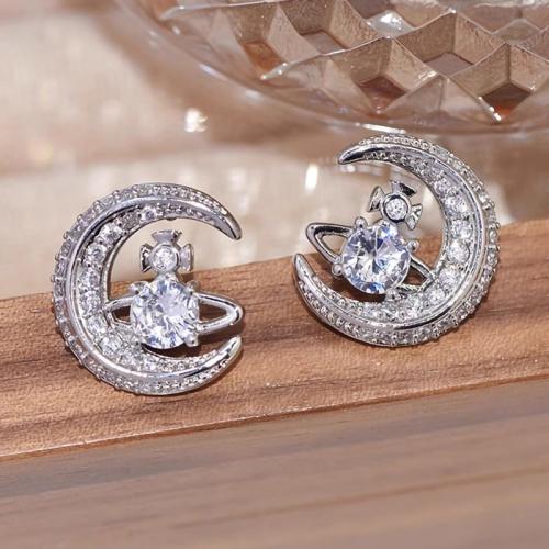 Messing Stud Earring, Moon, platineret, Micro Pave cubic zirconia & for kvinde, 14x15mm, Solgt af par