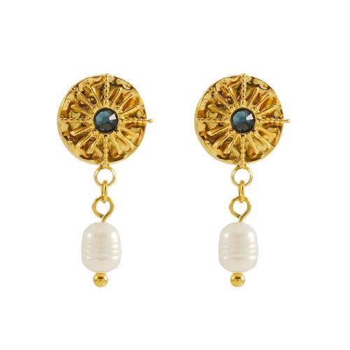 Stainless Steel Drop Earring 304 Stainless Steel with Plastic Pearl 18K gold plated fashion jewelry & for woman & with rhinestone golden 26mm Sold By Pair