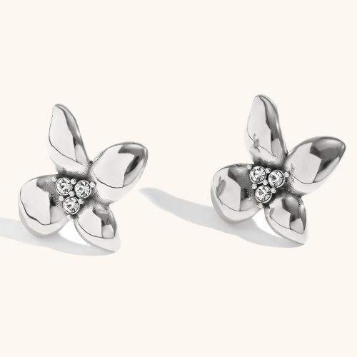 Stainless Steel Stud Earrings 316L Stainless Steel Flower Vacuum Ion Plating fashion jewelry & for woman & with rhinestone Sold By Pair