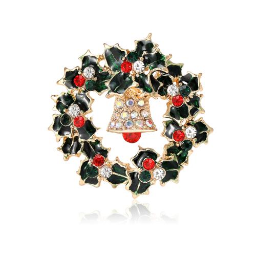 Jul brocher, Zinc Alloy, Jul Wreath, guldfarve belagt, Juledesign & for kvinde & emalje & med rhinestone, grøn, nikkel, bly & cadmium fri, 40x40mm, Solgt af PC