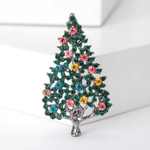 Spille di Natale, lega in zinco, Albero di Natale, pistola nera placcata, Design natalizio & per la donna & con strass, verde, assenza di nichel,piombo&cadmio, 27x50mm, Venduto da PC