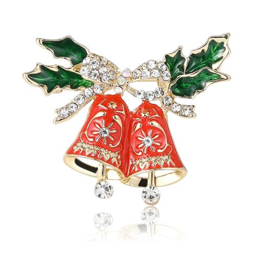 Kerst Broches, Zinc Alloy, Christmas Bell, gold plated, Kerstontwerp & uniseks & glazuur & met strass, rood, nikkel, lood en cadmium vrij, 32x40mm, Verkocht door PC