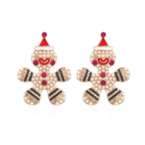 Christmas Earrings Zinc Alloy with Plastic Pearl Gingerbread Man gold color plated Christmas Design & fashion jewelry & for woman & enamel & with rhinestone nickel lead & cadmium free Sold By Pair