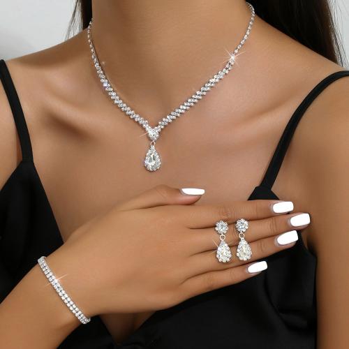 Zinc Alloy Jewelry Sets bracelet & earring & necklace Teardrop silver color plated for bridal & with rhinestone nickel lead & cadmium free Sold By Set