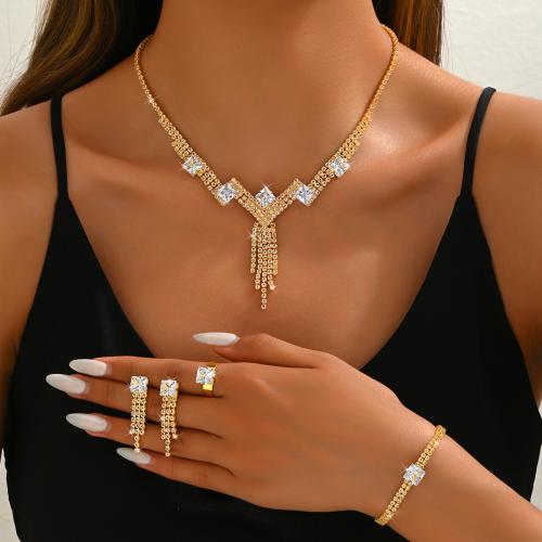 Brass Jewelry Set finger ring & bracelet & earring & necklace plated for bridal & with rhinestone nickel lead & cadmium free Sold By Set