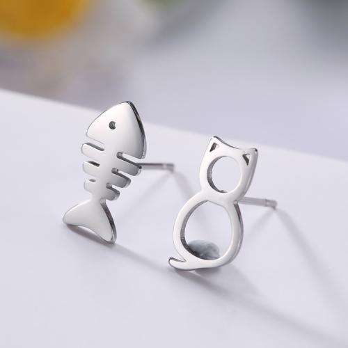 Stainless Steel Stud Earrings 304 Stainless Steel Cat and Fish plated fashion jewelry Sold By Pair