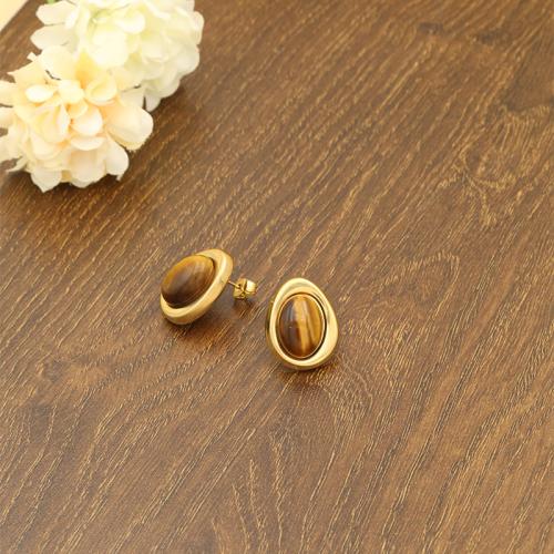 Stainless Steel Stud Earrings 304 Stainless Steel with Natural Stone gold color plated fashion jewelry golden Sold By Pair