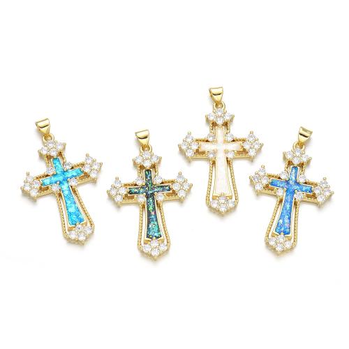 Cubic Zirconia Micro Pave Brass Pendant with Opal Cross plated DIY & micro pave cubic zirconia Sold By PC