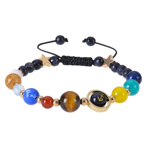 Gemstone Bracelets 304 Stainless Steel with Blue Sandstone & Natural Stone & Obsidian & Wax Cord & Tiger Eye handmade & for woman Length Approx 7-11.8 Inch Sold By PC