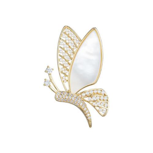 Zinc Alloy Brocher, med Shell & Plastic Pearl, for kvinde & med rhinestone, gylden, 38x25mm, Solgt af PC