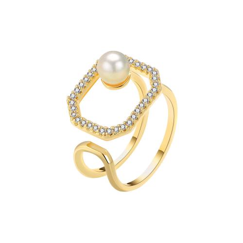 Kubieke Circonia Micro Pave Brass Ring, Messing, met Plastic Pearl, plated, micro pave zirconia & voor vrouw, gouden, Verkocht door PC