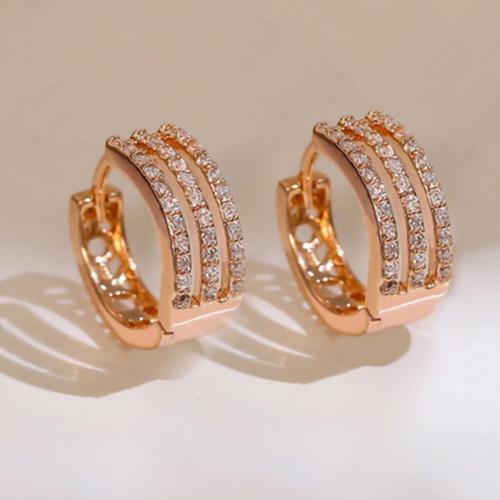 laiton Huggie Anneau d'oreille, Plaqué de couleur d'or rose, pavé de micro zircon & pour femme, 13x6mm, Vendu par paire