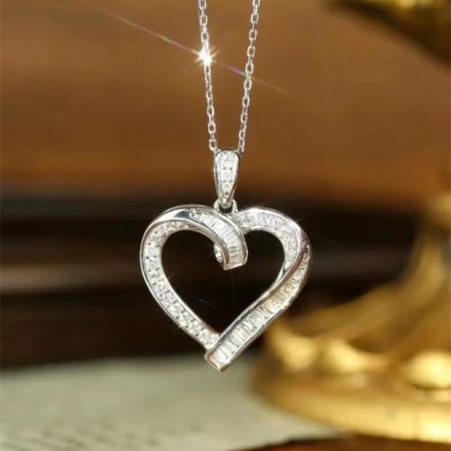 Brass Necklace, Heart, platinum plated, oval chain & micro pave cubic zirconia & for woman & hollow, Length Approx 16 Inch, Sold By PC