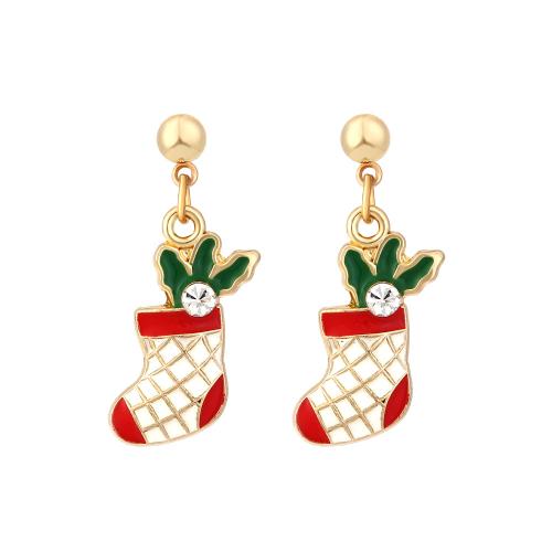 Christmas Earrings Zinc Alloy Christmas Sock gold color plated Christmas Design & fashion jewelry & for woman & enamel & with rhinestone nickel lead & cadmium free Sold By Pair