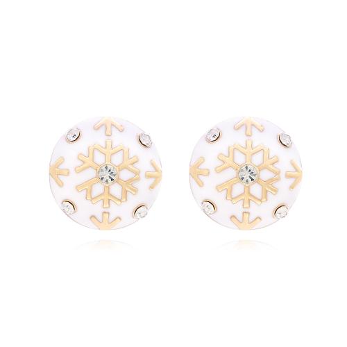 Pendientes de Navidad, aleación de zinc, chapado en color dorado, Diseño de Navidad & para mujer & esmalte & con diamantes de imitación, Blanco, libre de níquel, plomo & cadmio, 24x24mm, Vendido por Par