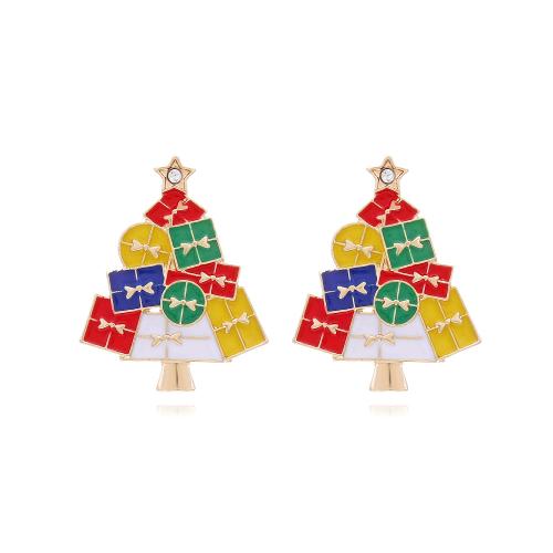 Christmas Earrings Zinc Alloy Christmas Tree gold color plated Christmas Design & for woman & enamel & with rhinestone multi-colored nickel lead & cadmium free Sold By Pair