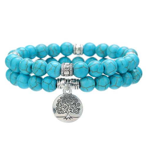 Fashion Turquoise Armbanden, Natuurlijke Turquoise, met Zinc Alloy, silver plated, 2 stuks & mode sieraden & uniseks, turkoois blauw, Lengte Ca 18-19 cm, Verkocht door Stel