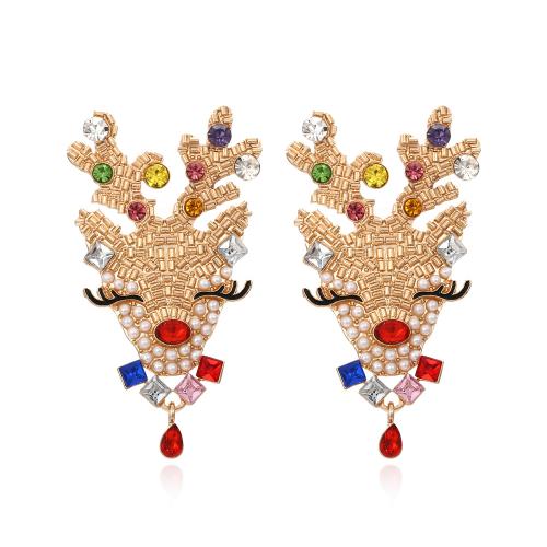 Kerst Oorbellen, Zinc Alloy, met Plastic Pearl, Christmas Reindeer, gold plated, Kerstontwerp & mode sieraden & voor vrouw & glazuur & met strass, nikkel, lood en cadmium vrij, 62x33mm, Verkocht door pair