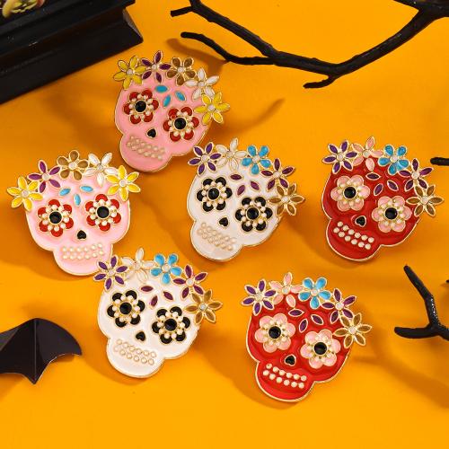 Zinc Alloy Stud Earring, Skull, guldfarve belagt, Halloween Design & for kvinde & emalje, flere farver til valg, nikkel, bly & cadmium fri, Solgt af par