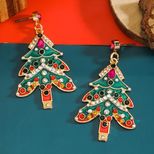 Zinc Alloy Drop Earring Christmas Tree gold color plated for woman & enamel & with rhinestone green nickel lead & cadmium free Sold By Pair