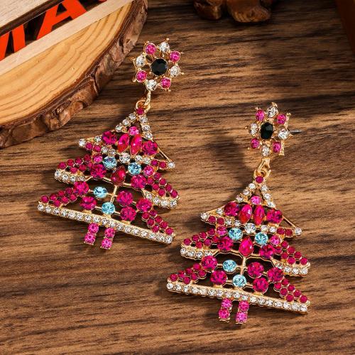 Zinc Alloy Drop Earring Christmas Tree gold color plated for woman & with rhinestone pink nickel lead & cadmium free Sold By Pair