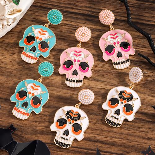 Zinc Alloy Drop Earring with Seedbead Skull gold color plated Halloween Design & for woman & enamel nickel lead & cadmium free Sold By Pair