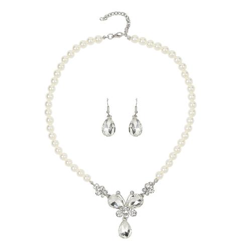 Jewelry Sets earring & necklace Plastic Pearl plated 2 pieces & for woman & with rhinestone platinum color Sold By Set