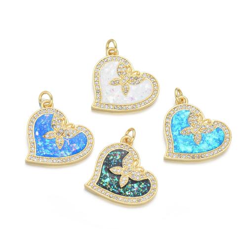 Terningformet Zirkon Micro Pave Messing vedhæng, med opal, Heart, forgyldt, du kan DIY & Micro Pave cubic zirconia, flere farver til valg, Solgt af PC