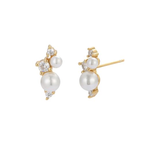 Cubic Zirconia micro pavimenta Sterling Silver Earring, 925 sterline d'argento, with Shell Pearl, gioielli di moda & Micro spianare cubic zirconia & per la donna, dorato, Venduto da coppia