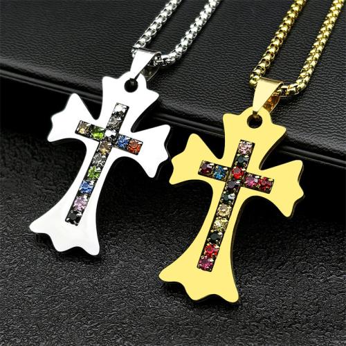 Stainless Steel Sweater Chain Necklace 304 Stainless Steel Cross fashion jewelry & Unisex & with rhinestone Length Approx 60 cm Sold By PC