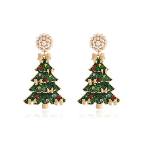 Pendientes de Navidad, aleación de zinc, con Perlas plásticas, Árbol de Navidad, chapado en color dorado, Diseño de Navidad & Joyería & para mujer & esmalte & con diamantes de imitación, verde, libre de níquel, plomo & cadmio, 33x58mm, Vendido por Par