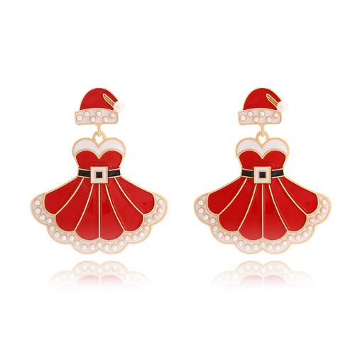 Pendientes de Navidad, aleación de zinc, con Perlas plásticas, Falda, chapado en color dorado, Diseño de Navidad & Joyería & para mujer & esmalte, Rojo, libre de níquel, plomo & cadmio, 33x58mm, Vendido por Par