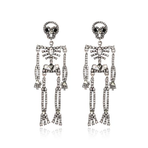 Zinc Alloy Stud Earring, Skeleton, antik sølv farve forgyldt, Halloween Design & mode smykker & for kvinde & med rhinestone, nikkel, bly & cadmium fri, 100x30mm, Solgt af par