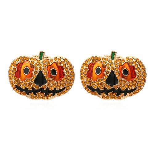 Zinc Alloy Stud Earring, Græskar, guldfarve belagt, Halloween Design & mode smykker & for kvinde & emalje & med rhinestone, appelsin, nikkel, bly & cadmium fri, 28x38mm, Solgt af par