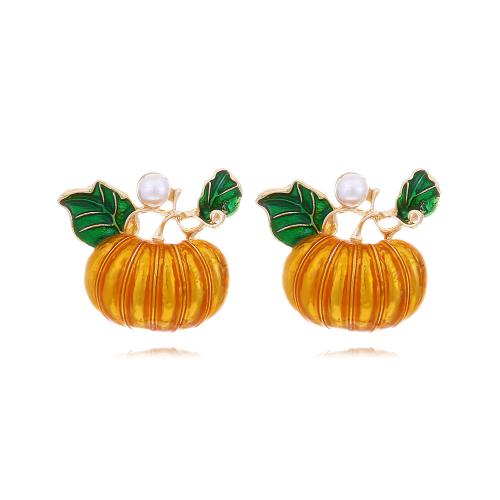 Zinc Alloy Stud Earring, med Plastic Pearl, Græskar, guldfarve belagt, Halloween Design & mode smykker & for kvinde & emalje, gylden, nikkel, bly & cadmium fri, 32x28mm, Solgt af par