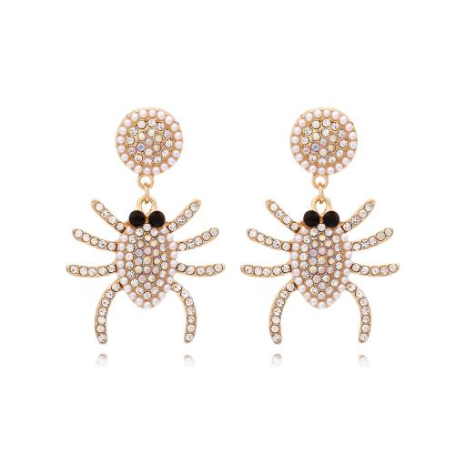 Sinc Alloy Buail Earring, le Pearl Plaisteacha, Spider, dath an óir plated, jewelry faisin & Oíche Shamhna Jewelry Gift & do bhean & le rhinestone, nicil, luaidhe & caidmiam saor in aisce, 37x52mm, Díolta De réir Péire