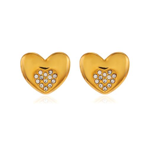 Roestvrij staal Stud Earrings, 304 roestvrij staal, Hart, mode sieraden & micro pave zirconia & voor vrouw, goud, 14x13mm, Verkocht door pair