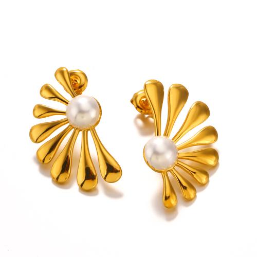 Roestvrij staal Stud Earrings, 304 roestvrij staal, met Plastic Pearl, Bloem, 18K verguld, mode sieraden & voor vrouw, 18x30mm, Verkocht door pair