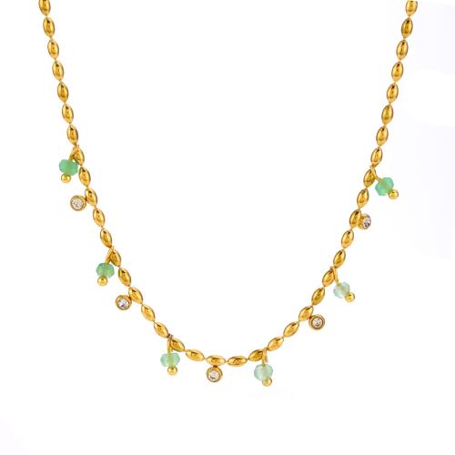 Collier de bijoux en acier inoxydable, Acier inoxydable 304, avec aventurine vert, avec 5cm chaînes de rallonge, bijoux de mode & pavé de micro zircon & pour femme, Or, Longueur 40 cm, Vendu par PC