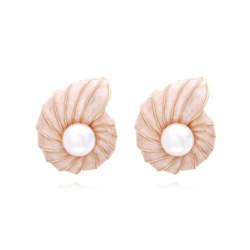 Zinklegering oorknoppen, Zinc Alloy, met Plastic Pearl, voor vrouw & glazuur, gouden, Verkocht door pair