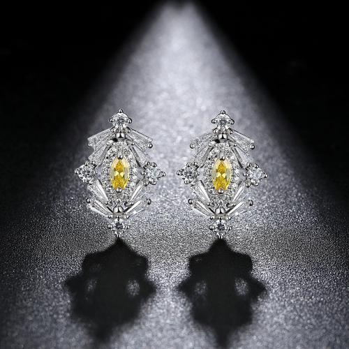 Messing Stud Earring, Geometrisk mønster, platineret, Micro Pave cubic zirconia & for kvinde, 14x20mm, Solgt af par