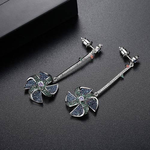 Messing Drop Earring, Pinwheel, platineret, Micro Pave cubic zirconia & for kvinde, 17x52mm, Solgt af par