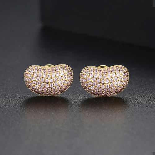 Messing Stud Earring, Bean, forgyldt, Micro Pave cubic zirconia & for kvinde, flere farver til valg, 13x8mm, Solgt af par