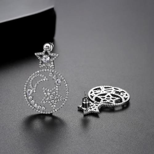 Brass Drop Earring Moon and Star plated micro pave cubic zirconia & for woman & hollow Sold By Pair