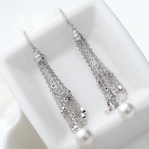 Messing Tassel Earring, med Plastic Pearl, platineret, Micro Pave cubic zirconia & for kvinde, 7x75mm, Solgt af par