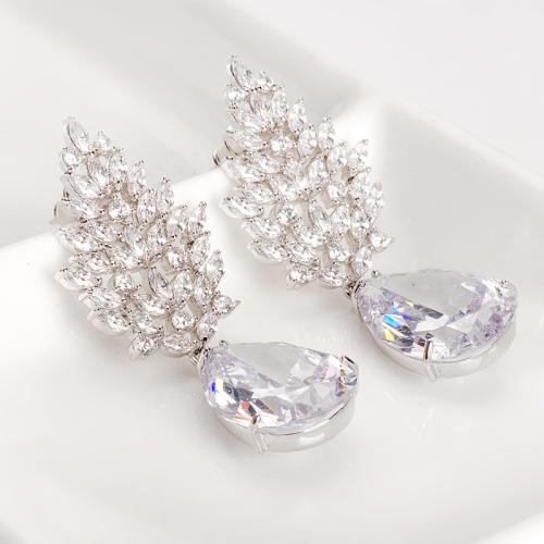 Brass Drop Earring Teardrop platinum plated micro pave cubic zirconia & for woman Sold By Pair