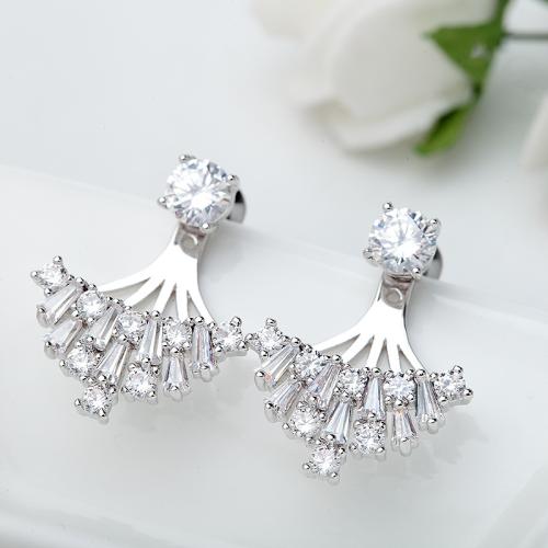 Brass Split Earring Geometrical Pattern platinum plated micro pave cubic zirconia & for woman & hollow Sold By Pair