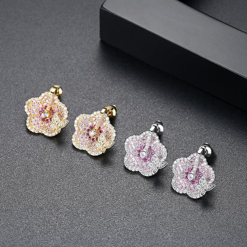 Brass Stud Earring Flower plated micro pave cubic zirconia & for woman Sold By Pair