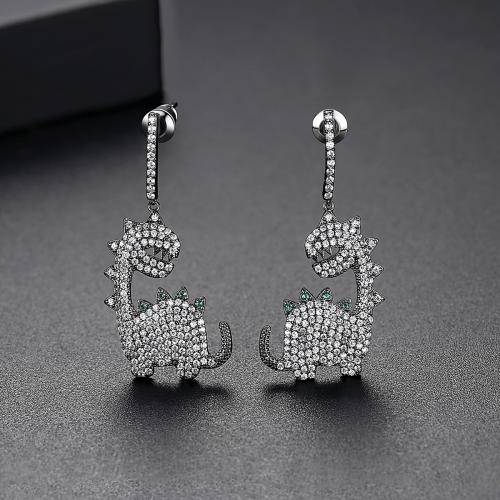 Messing Drop Earring, Dinosaur, forgyldt, Micro Pave cubic zirconia & for kvinde, flere farver til valg, 15x37mm, Solgt af par